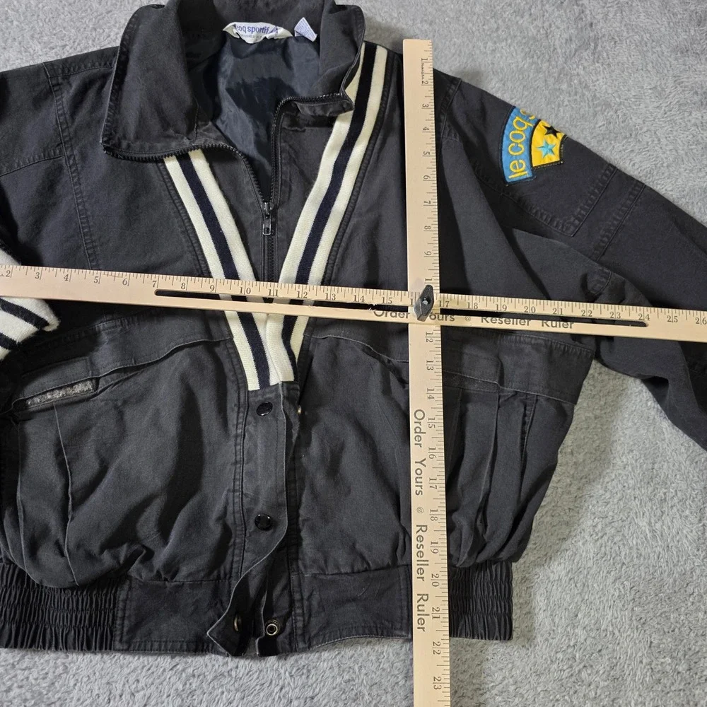 Le Coq Sportif Mens L Bomber Jacket Black Vintage Cotton Striped Trim Patch
